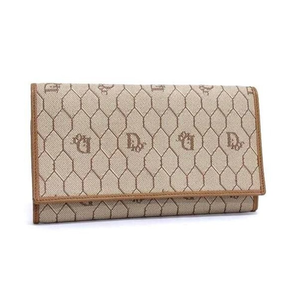 Christian Dior Wallet Honeycomb Pattern Long Wallet Beige Brown Leather - Picture 1 of 6
